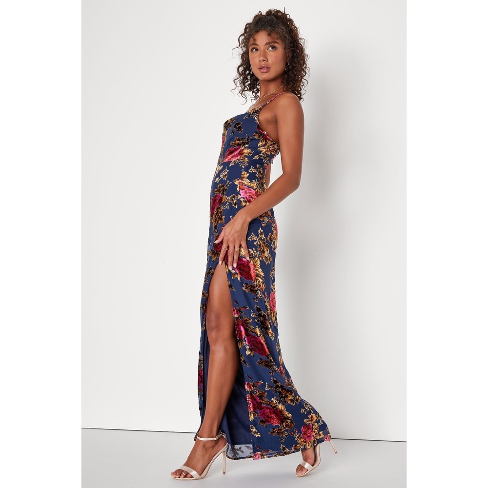 Lulus Navy Blue Floral Burnout Velvet Cowl Neck Maxi Dress Slit NWT Size S - Picture 4 of 14